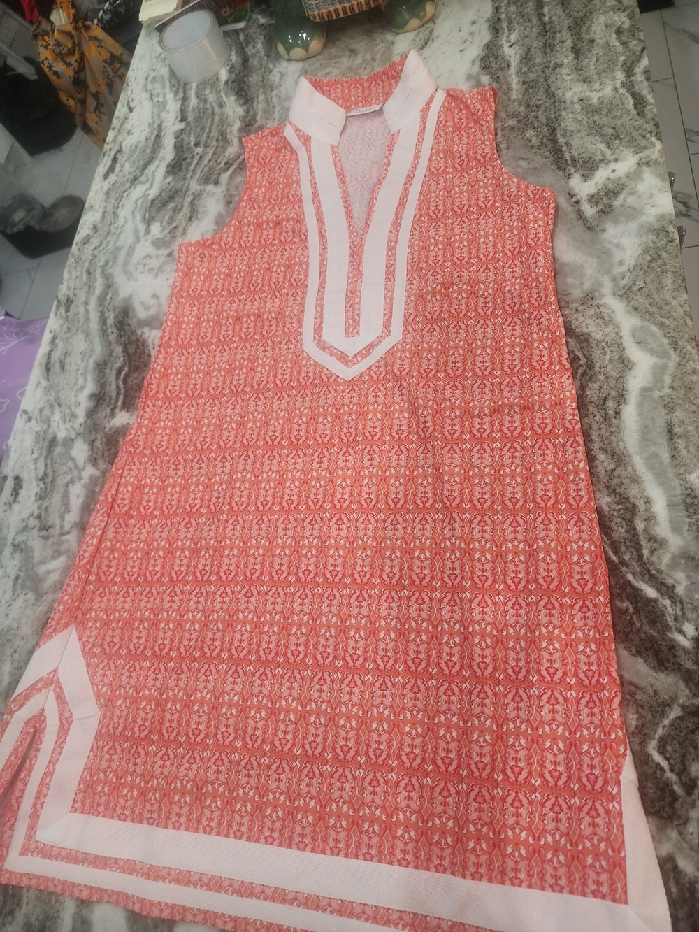 Talbots Coral and White Sleeveless Midi Shift Dress